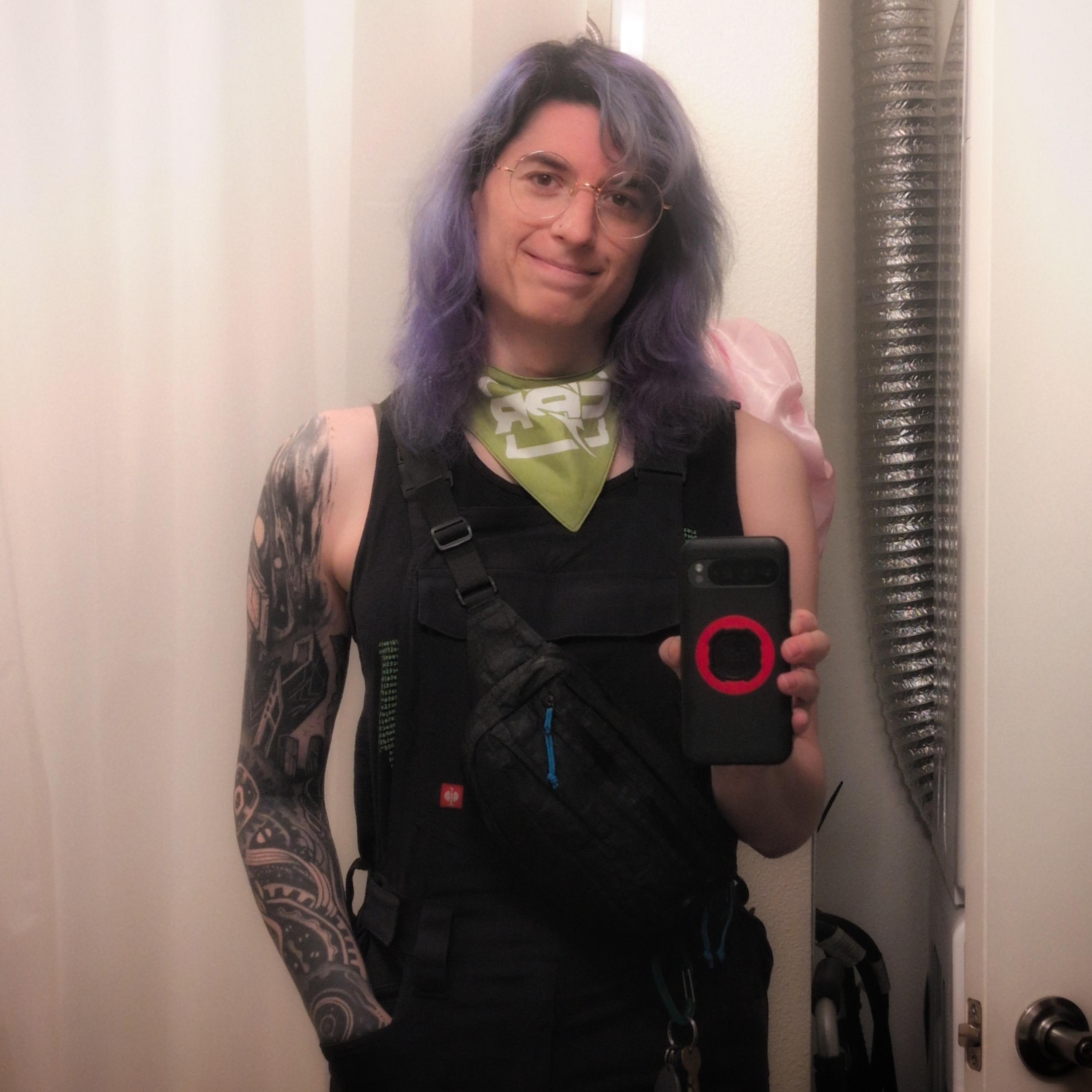 raven doing a selfie in the bathroom mirror wearing her CPR bandana