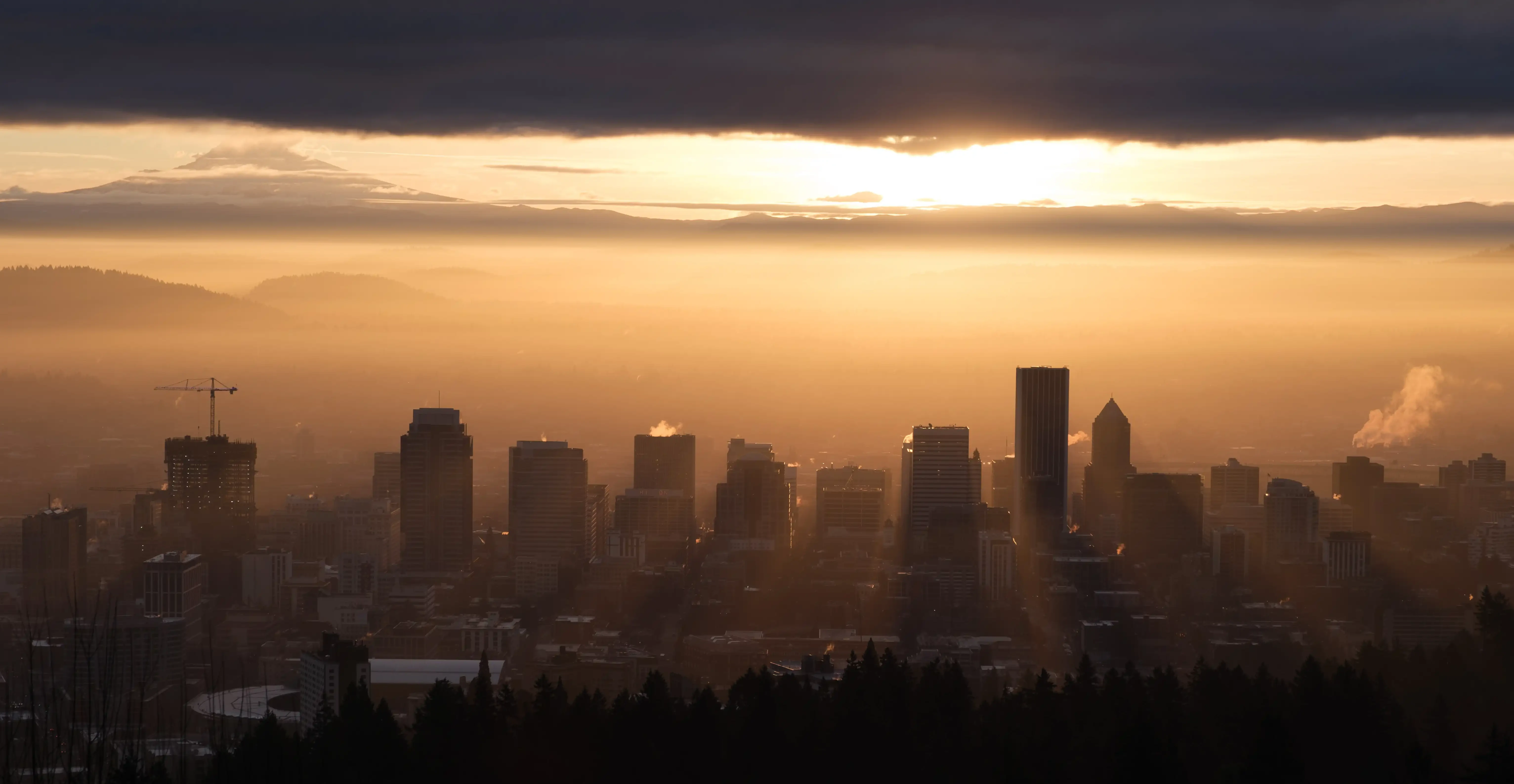 The Portland Skyline at sunrise from Pittock Mansion