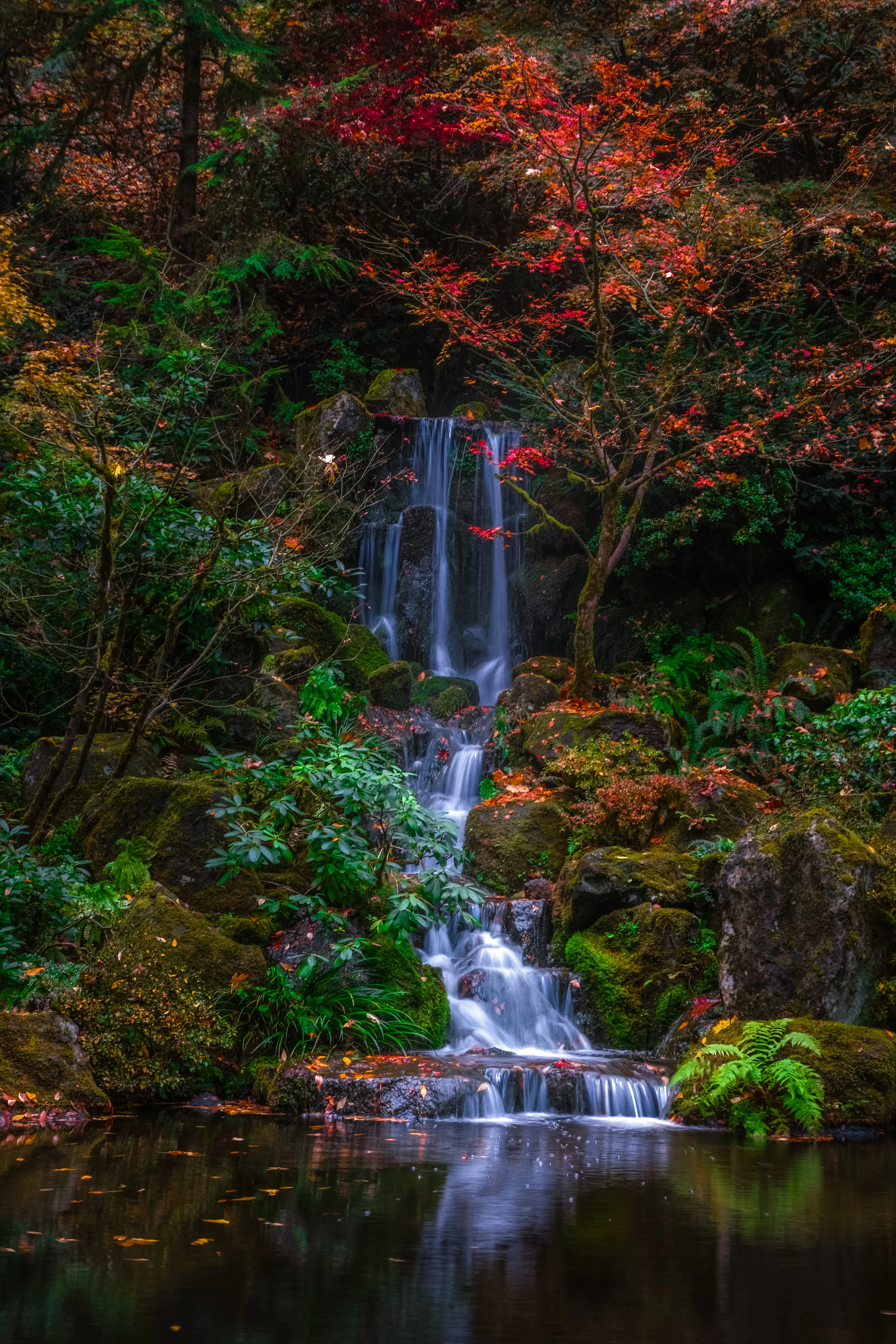 The main waterfall at the Portland Japanese Garden in fall