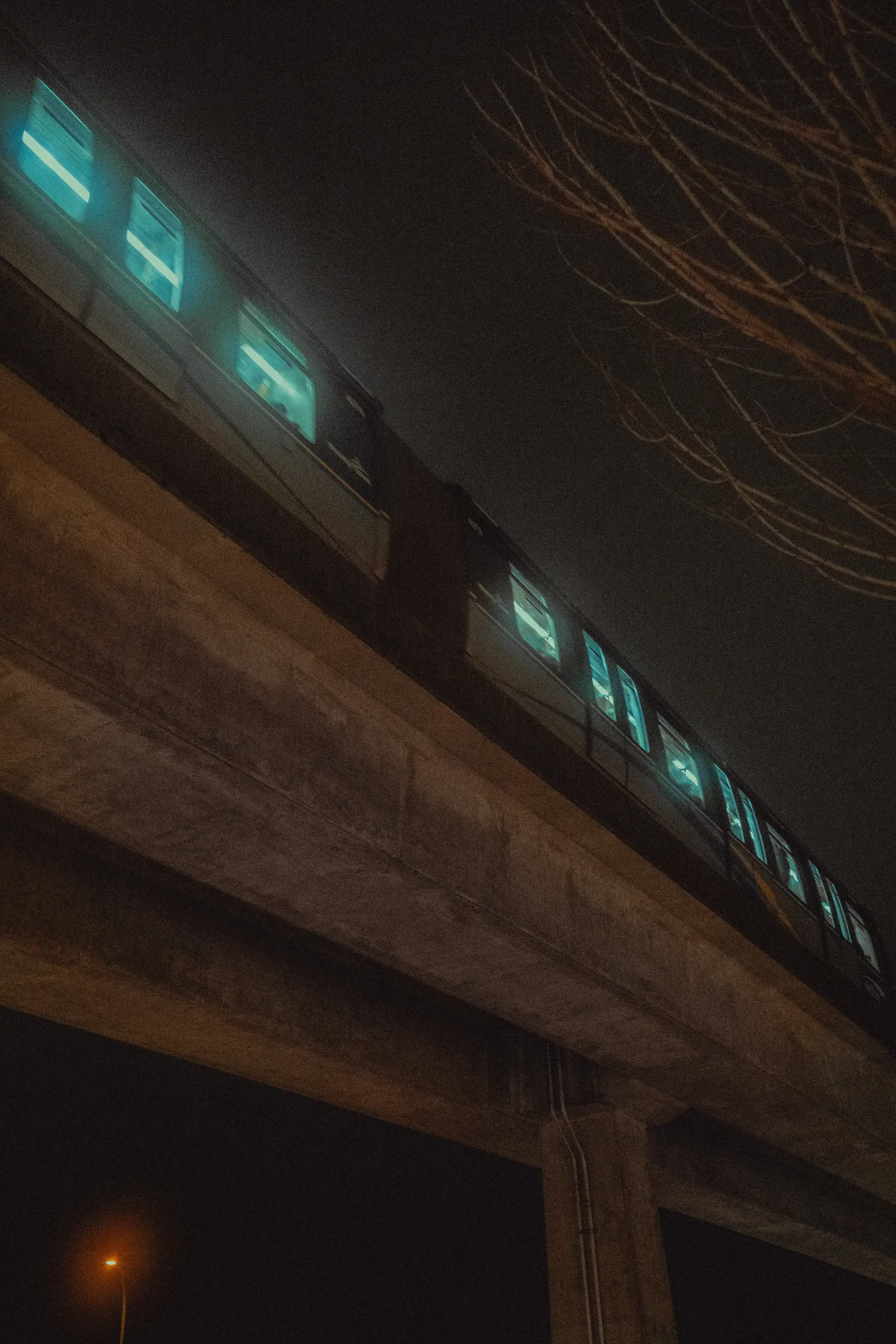 skytrain in Vancouver BC at night shot from below