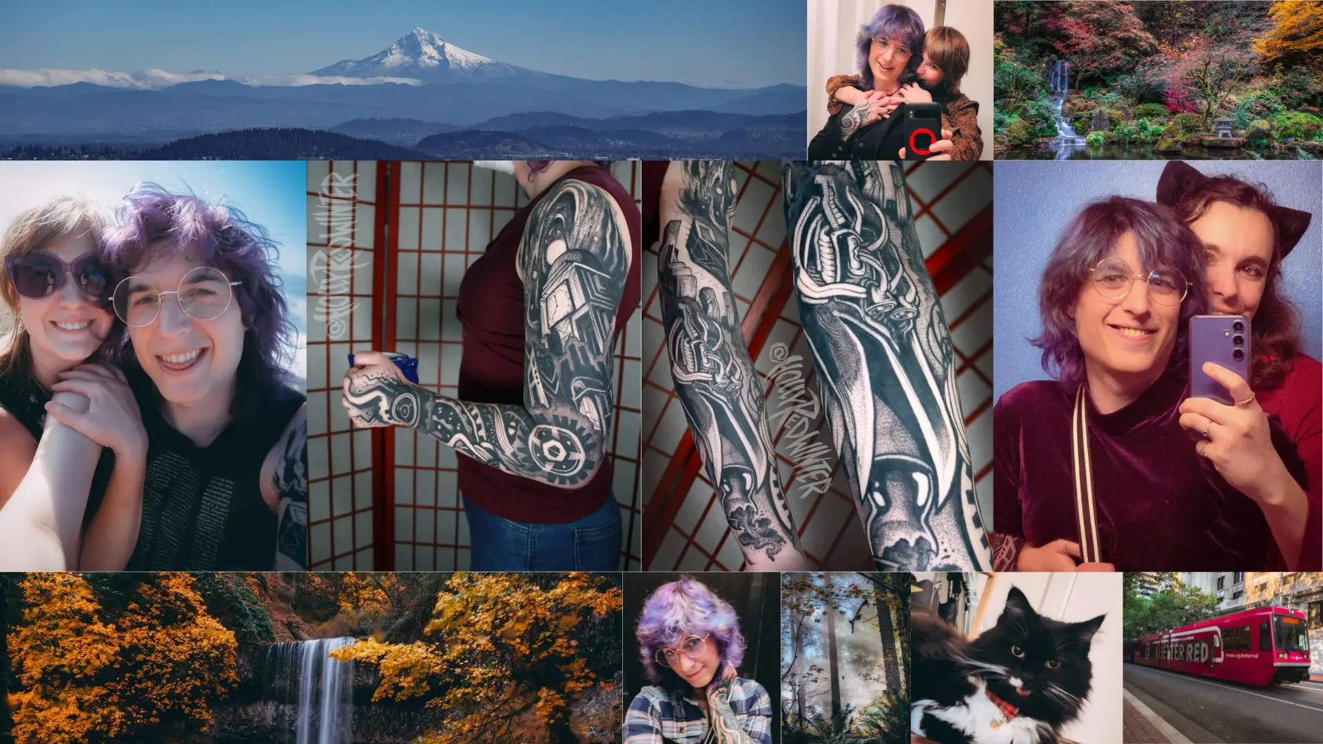 collage of 12 photos of the authors last few months taking photos of scenic places, places around Portland, selfies with partners, her recently completed sleeve tattoo, and her cat Loki